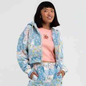 Teddy Fresh Blue Floral Quilt/ Patchwork Cropped Hooded Jacket Sz 2XL